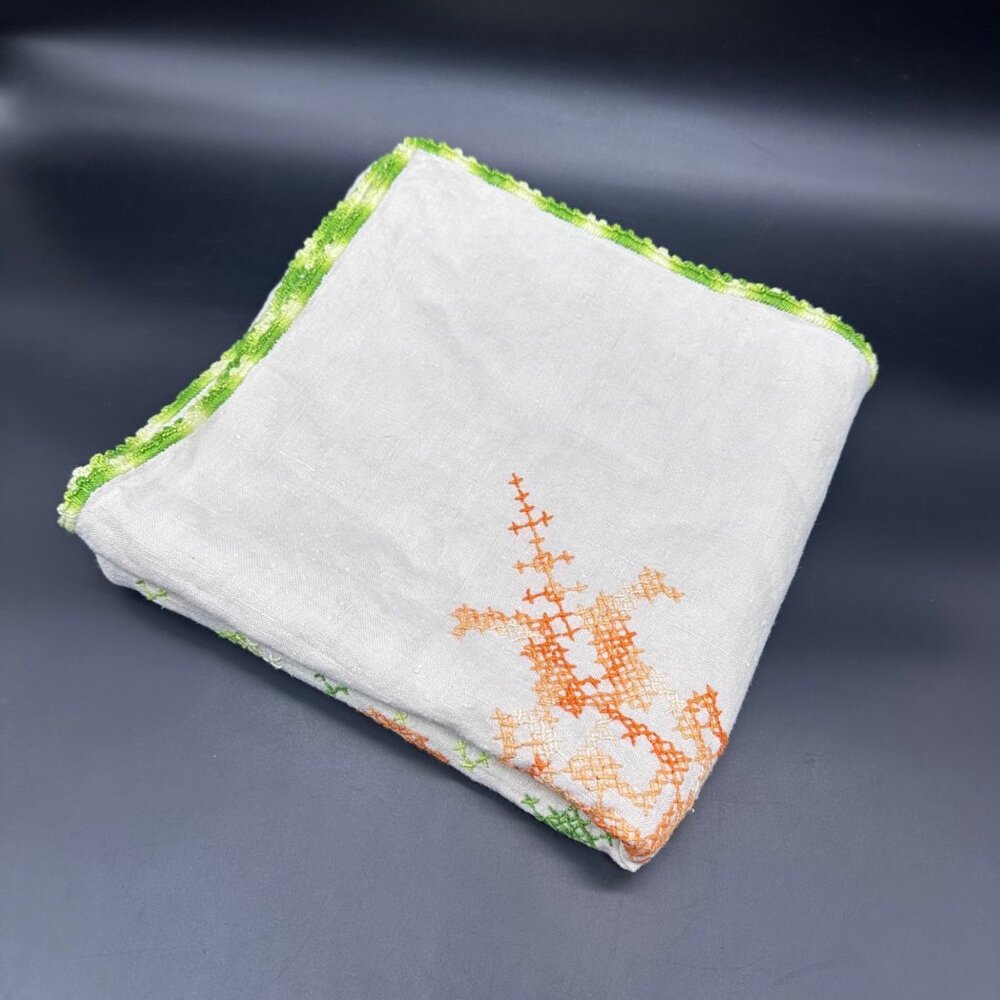 Vintage Tablecloth Handmade Cross Stitch Orange Green Floral Cotton Granny READ